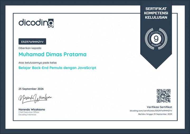 Belajar Back-End Pemula dengan JavaScript certificate