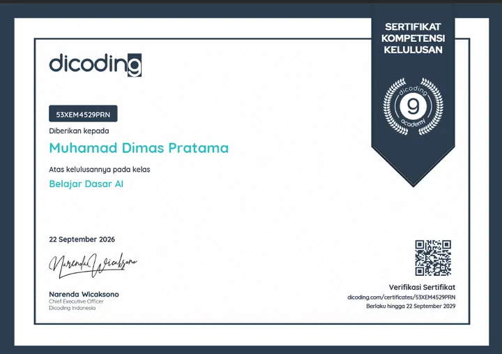 Belajar Dasar AI certificate