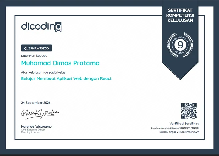 Belajar Membuat Aplikasi Web dengan React certificate