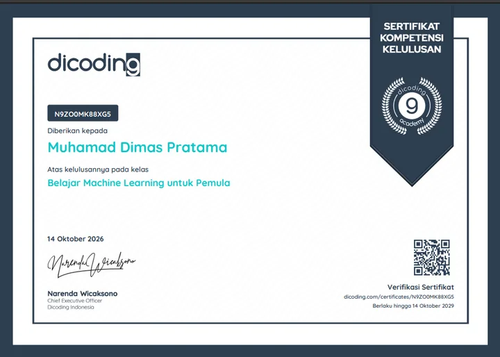 Belajar Machine Learning Pemula certificate